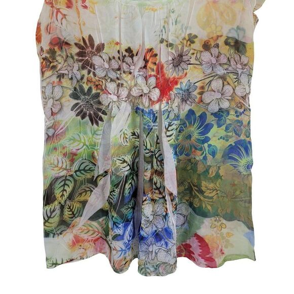 Sheer Baby Doll Top M White Multicolor Floral Puff Sleeve Ruched Fairy Core - Picture 6 of 9